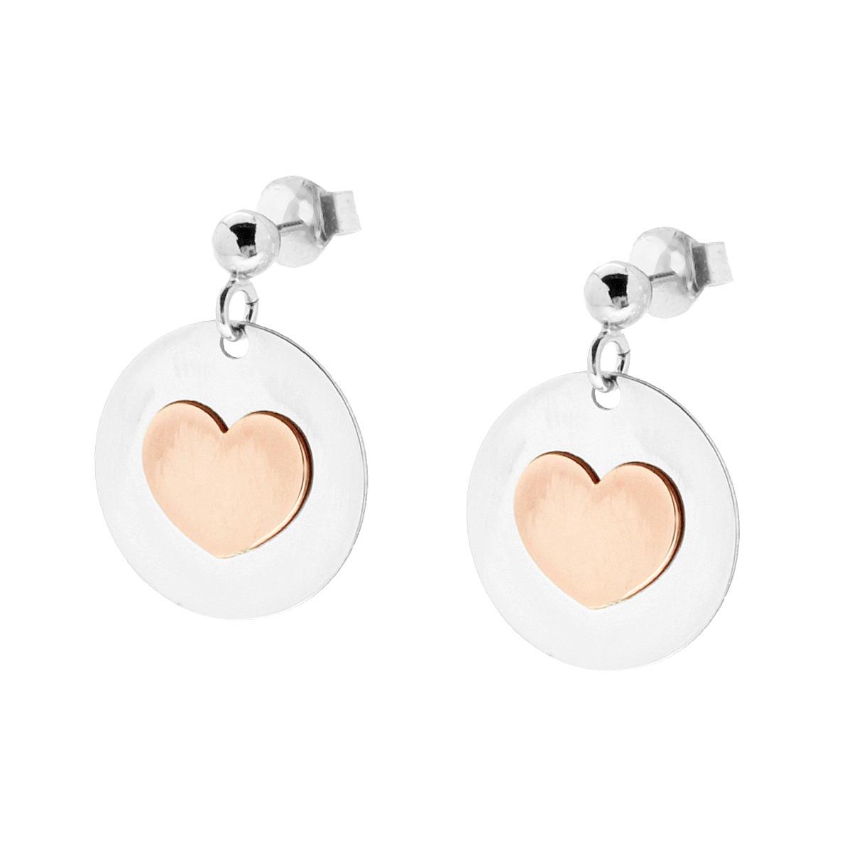 Orecchini Tondo pendente con Cuore Rosa in ARGENTO 925 Galvanica Rodio