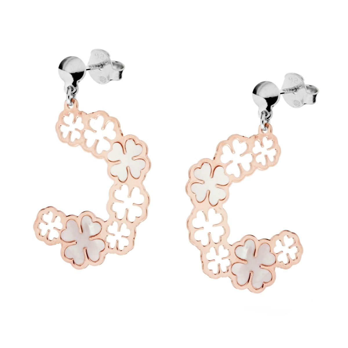 Orecchini Pendenti con Quadrifoglio e Madreperla in ARGENTO 925 Galvanica Rosa<br />