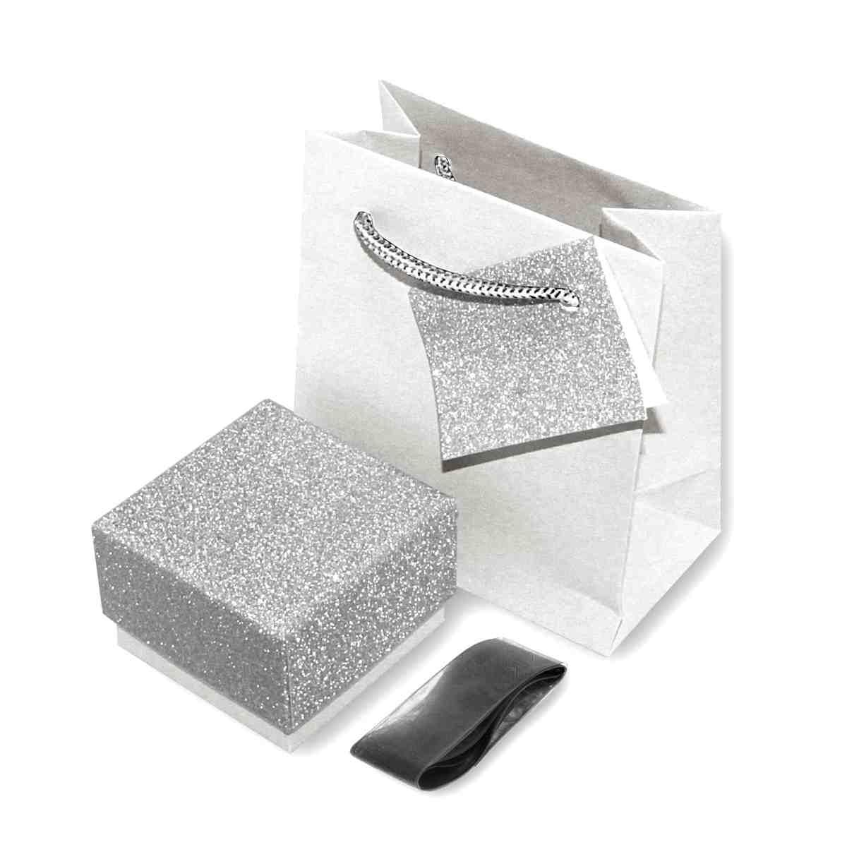 Astuccio multiuso per Gioielli cm  5.6 x5.6 x 3.9 h colore Argento Glitter con nastro Raso Argento con Shopper inclusa