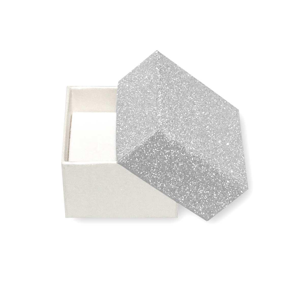 Astuccio multiuso per Gioielli cm  5.6 x5.6 x 3.9 h colore Argento Glitter con nastro Raso Argento con Shopper inclusa