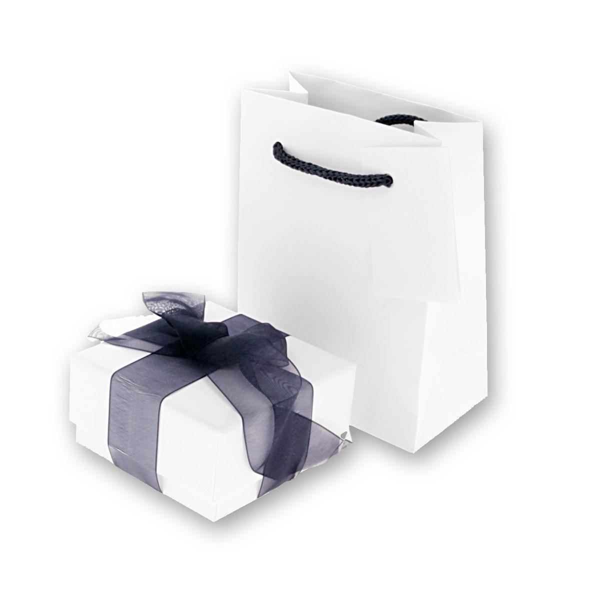 Astuccio multiuso per Gioielli cm 7 x 7 h3,8 colore Bianco con nastro e fiocco Blu con Shopper inclusa