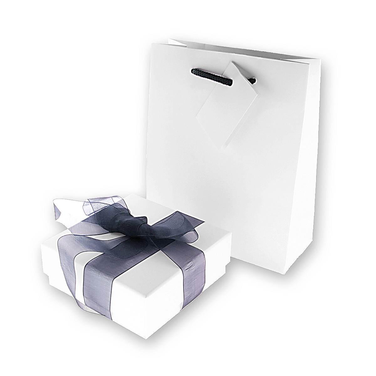 Astuccio multiuso per Gioielli cm 9,7x 9,7 h3,8 colore Bianco con nastro e fiocco Blu con Shopper inclusa