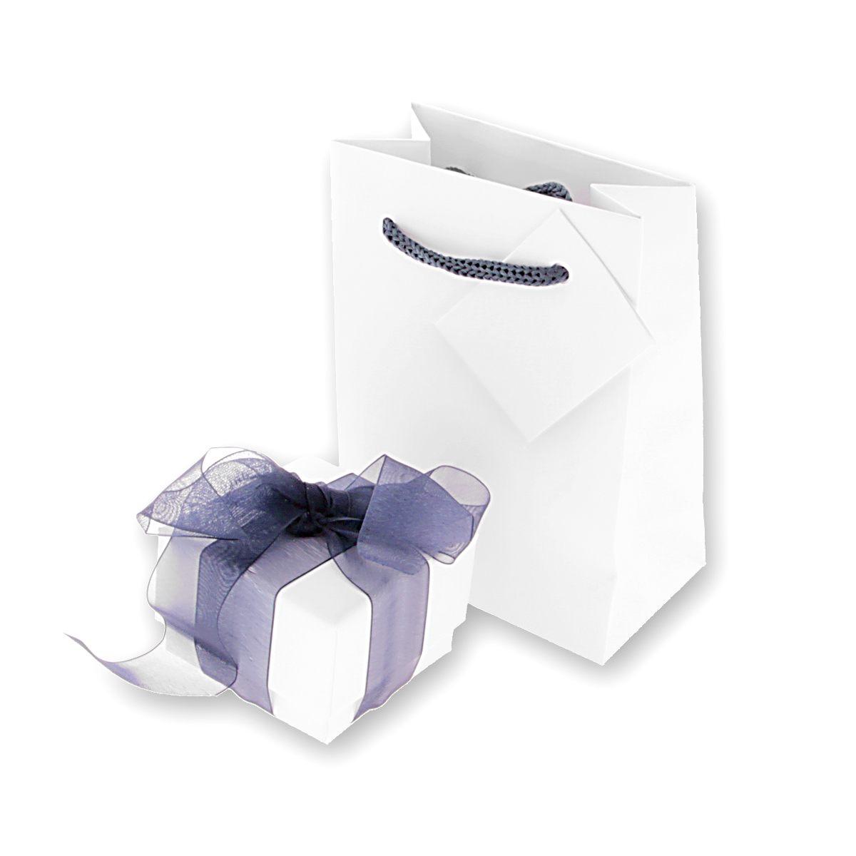 Astuccio multiuso per Gioielli cm 5,5 x 5,5 h 3,8 colore Bianco con nastro e fiocco Blu con Shopper inclusa