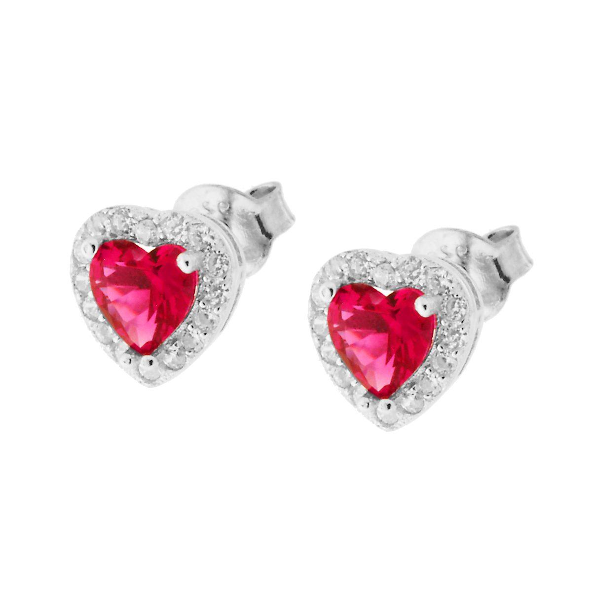 Orecchini Cuore con Zirconi Rosso Rubino contornati con Zirconi Bianchi in ARGENTO 925 Galvanica Rodio