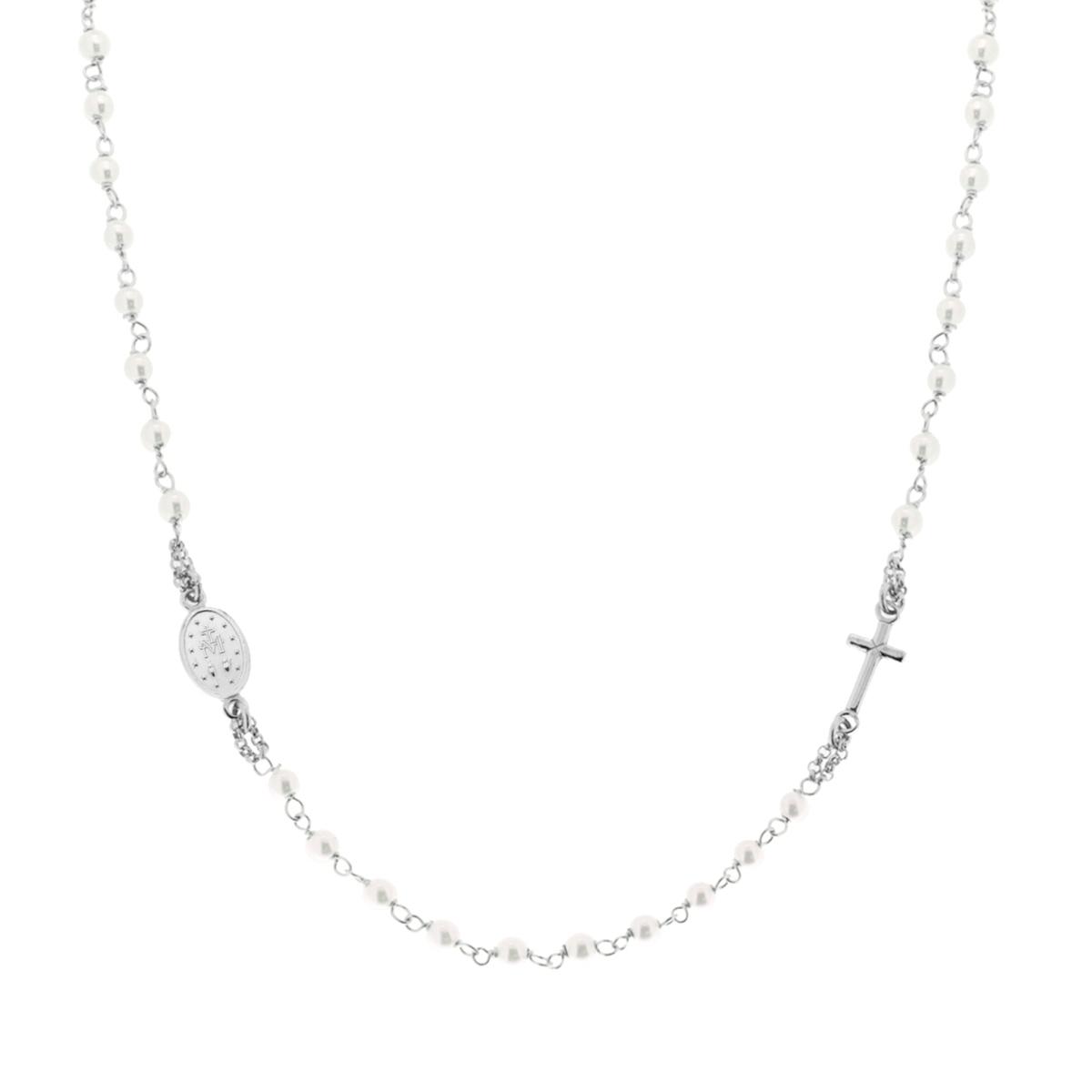 Collana Rosario cm 50 con Grani Perla mm 3 con Croce in ARGENTO 925 Galvanica Rodio