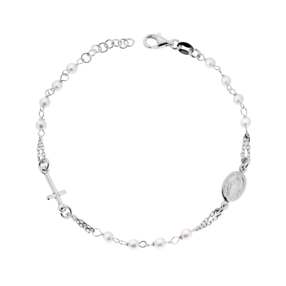 Bracciale Rosario cm 18 + 2 con Grani Perla mm 3 con Croce in ARGENTO 925 Galvanica Rodio