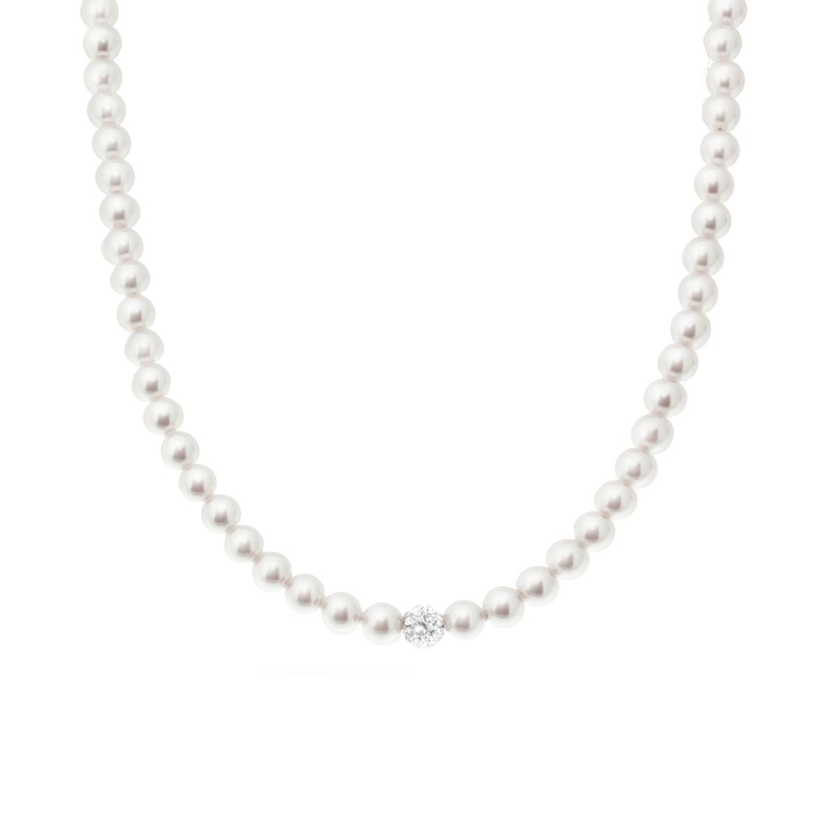 Collana Filo Perla Bianca mm 4 in vetro perlato con pallina Crystal Bianco con filo e chiusura in ARGENTO 925 Galvanica Rodio