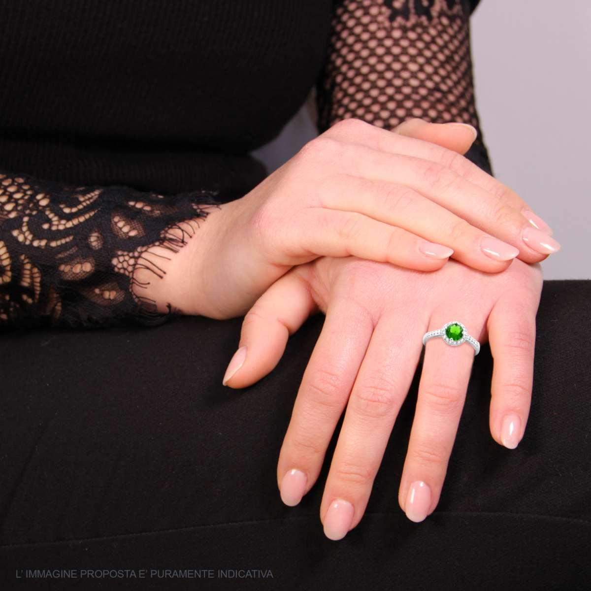 Anello Halo Solitario con Zircone Tondo colore Verde Smeraldo e Zirconi Bianchi in ARGENTO 925 Galvanica Rodio
