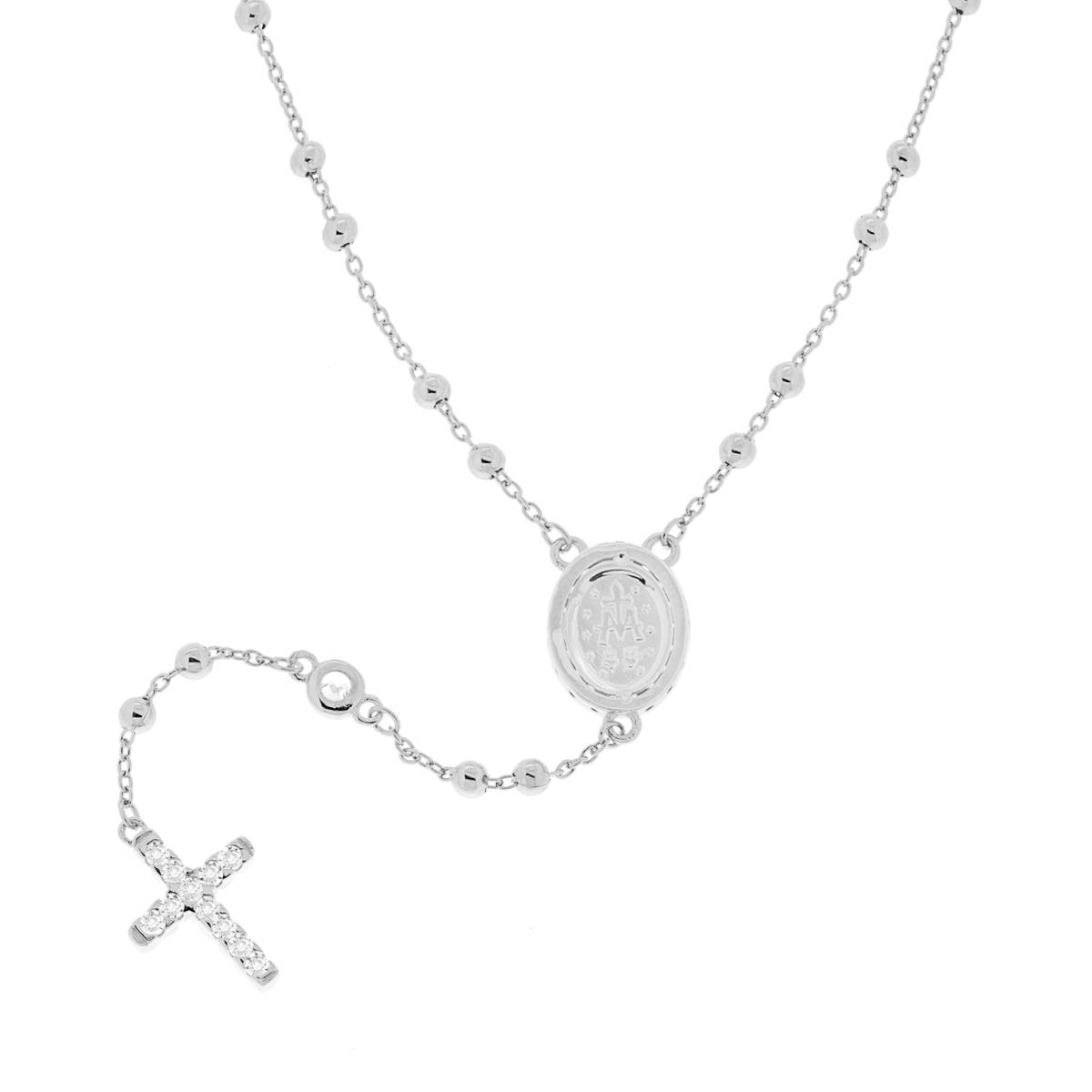 Collana Rosario cm 52+4 con Grani a pallina liscia mm 2.6 e Zirconi Bianchi in ARGENTO 925 Galvanica Rodio