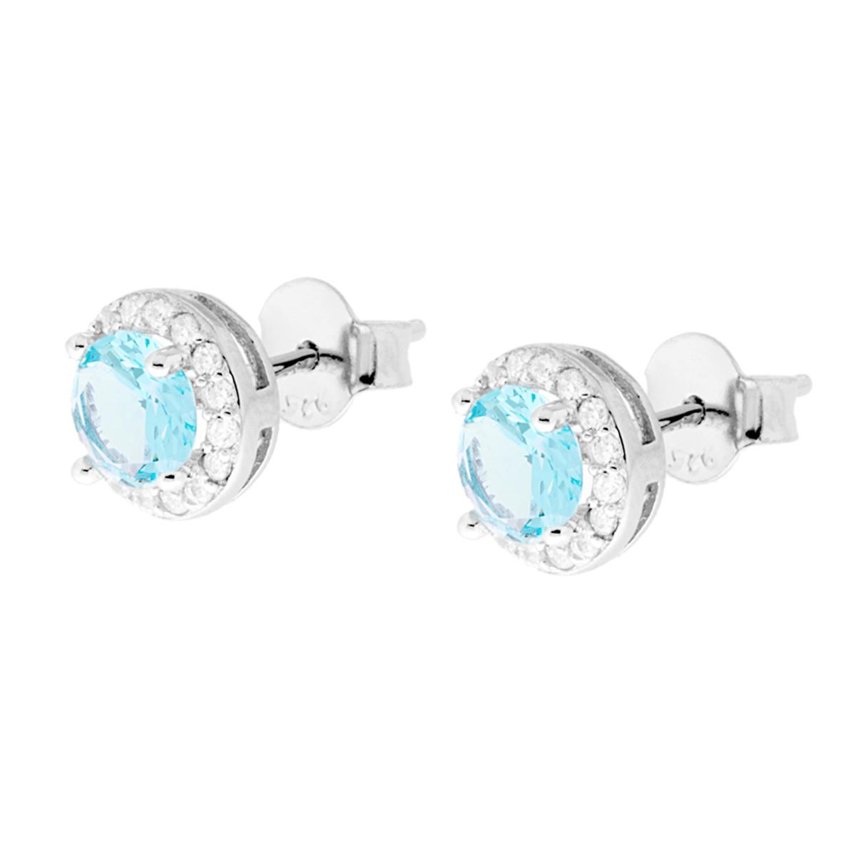 Orecchini forma Tonda con Zircone Acquamarina contornato con Zirconi Bianchi in ARGENTO 925 Galvanica Rodio