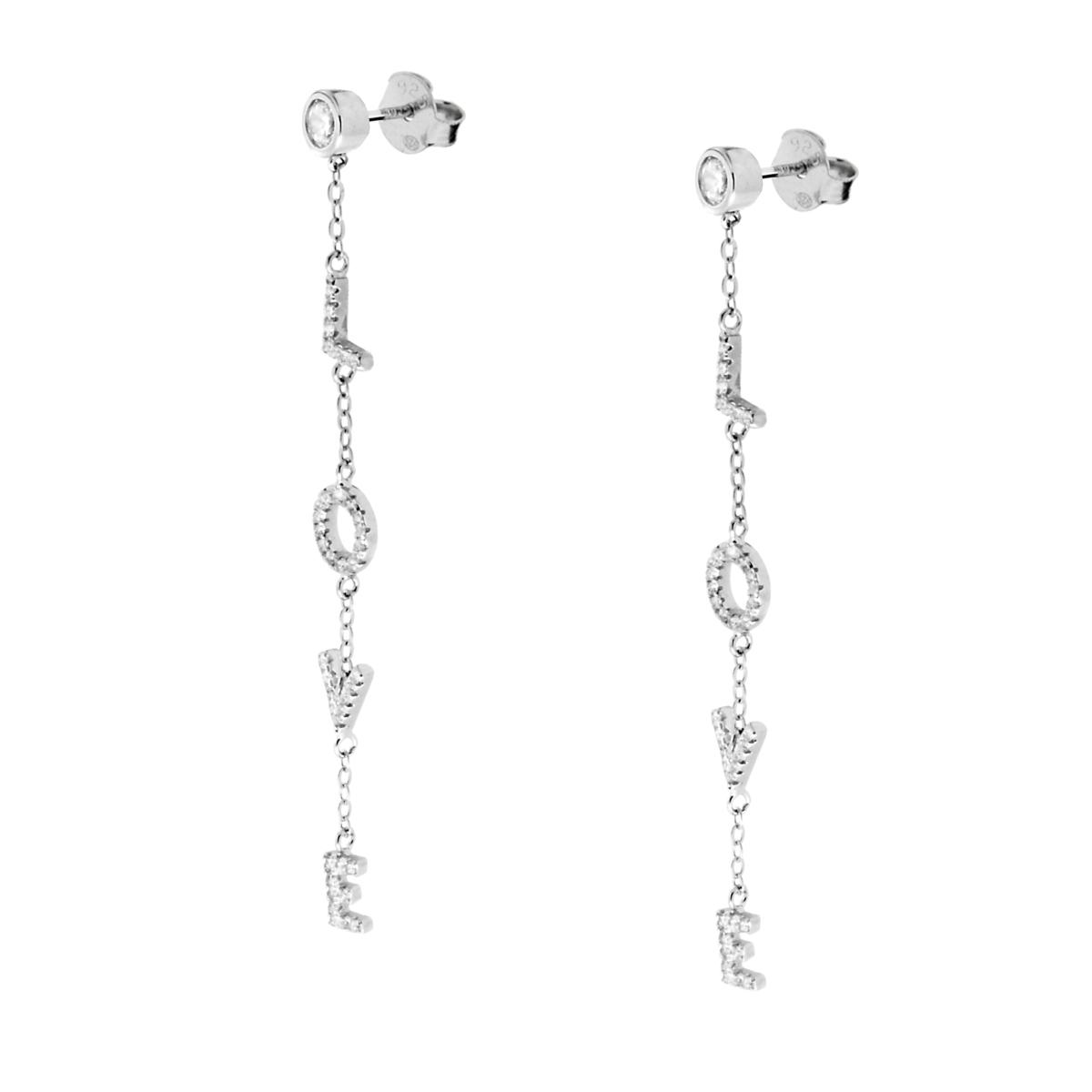 Orecchini lunghi con Punto Luce e scritta Love con Zirconi in ARGENTO 925