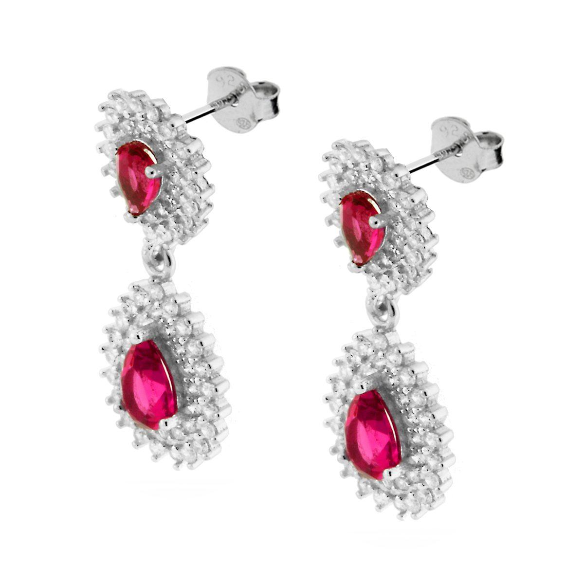 Orecchini Pendenti a Goccia con Zirconi Rosso Rubino in ARGENTO 925 Galvanica Rodio