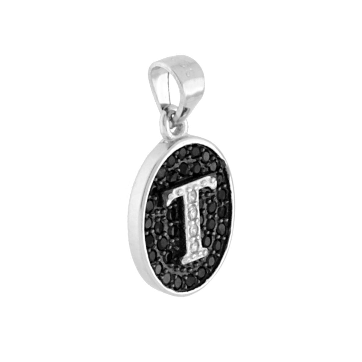 Ciondolo Lettera nome Iniziale con Zirconi Bianchi e fondo Zirconi Neri in ARGENTO 925 Galvanica Rodio