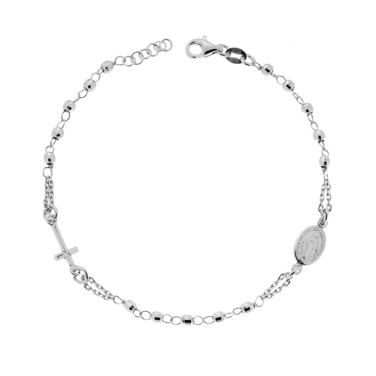 Bracciale Rosario cm 20 con Grani diamantati mm 3 con Croce e Medaglia Madonna in ARGENTO 925 Galvanica Rodio