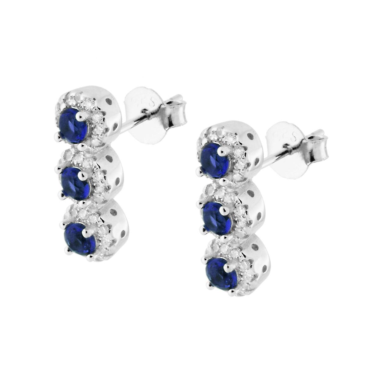 Orecchini Trilogy con Zirconi Blu Zaffiro contornati con Zirconi Bianchi in ARGENTO 925 Galvanica Rodio