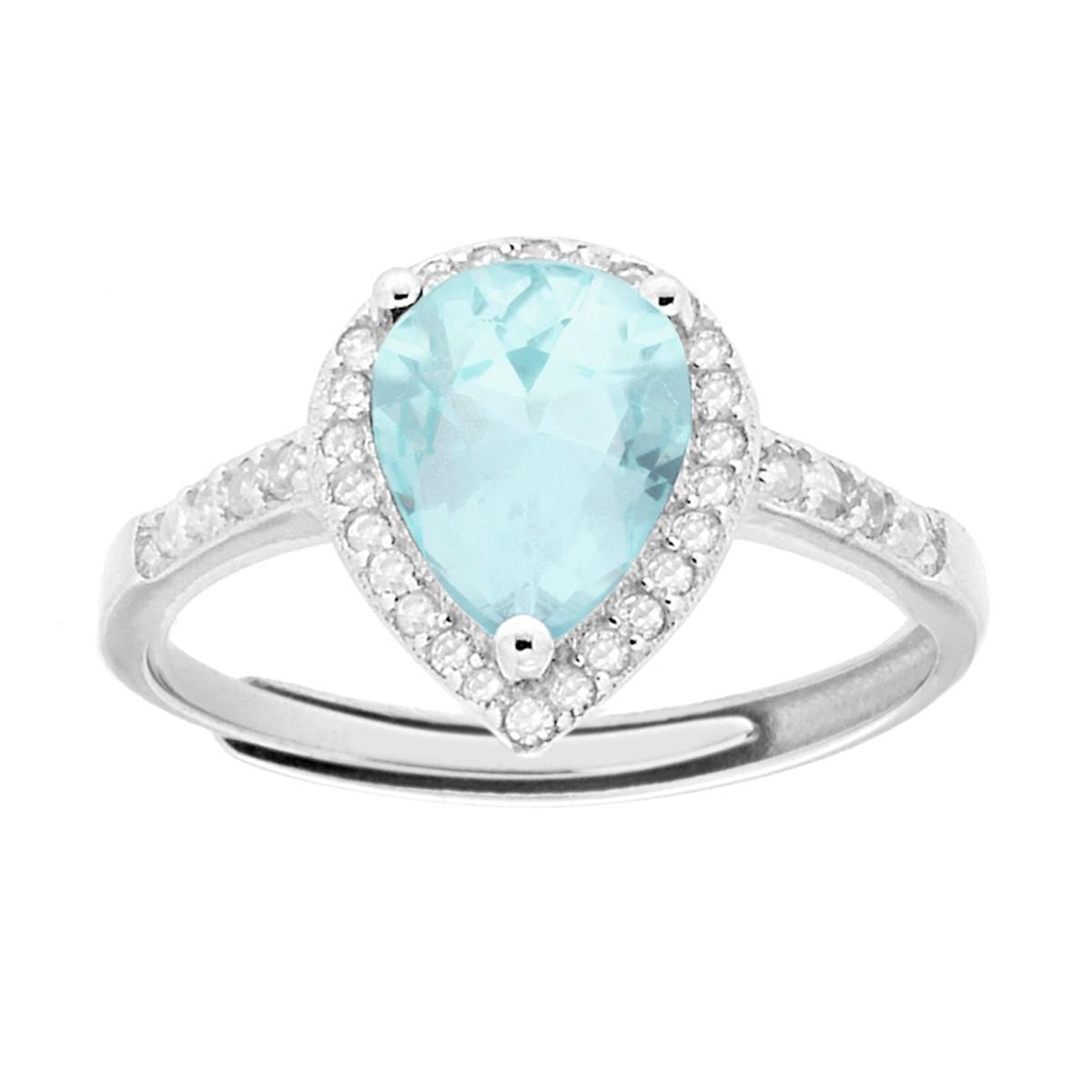 Anello Halo Solitario con Zircone a Goccia Acquamarina contornato con Zirconi Bianchi in ARGENTO 925 Galvanica Rodio