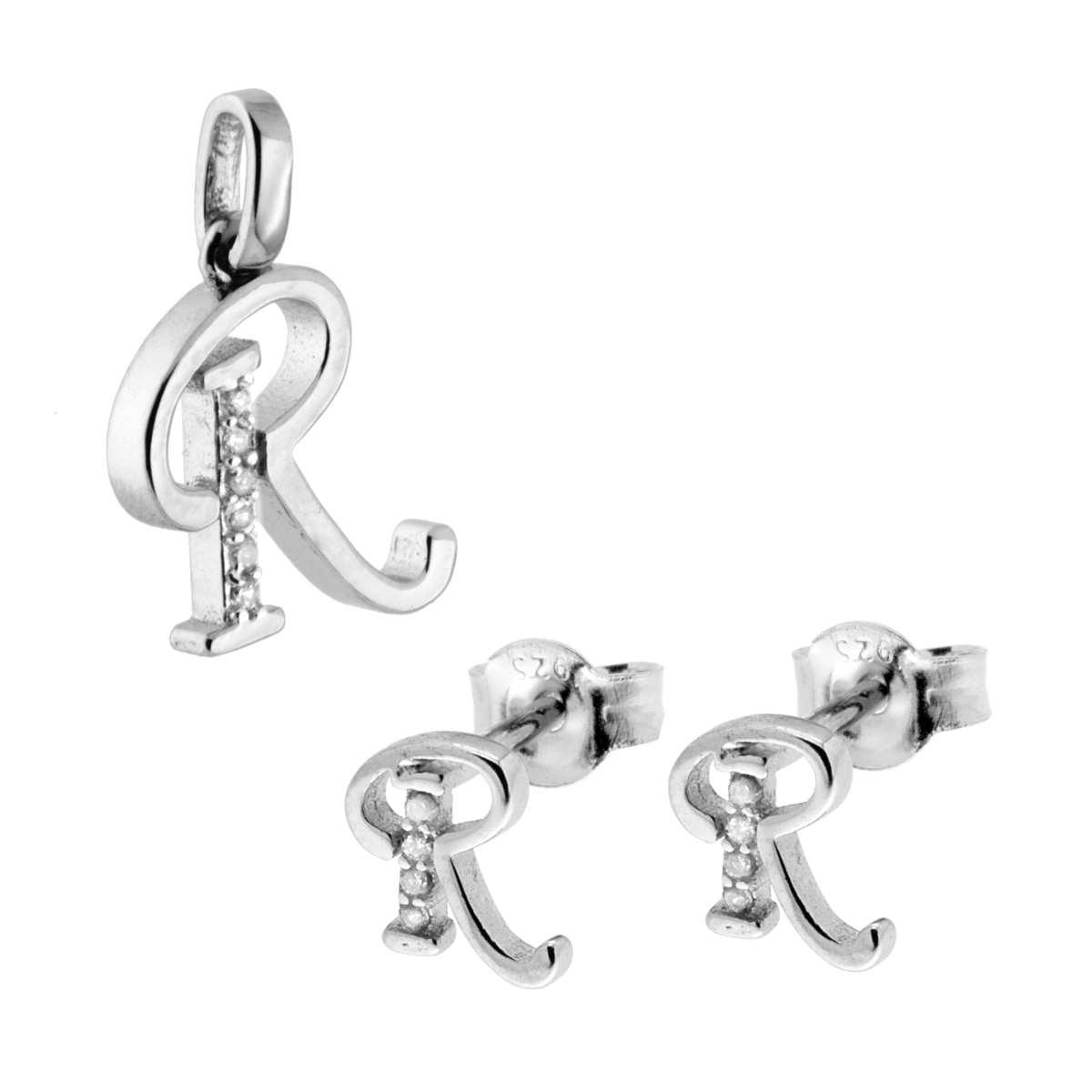 Parure Set Orecchini e Ciondolo Lettera Iniziale con Cubic Zirconia in ARGENTO 925 Galvanica Rodio