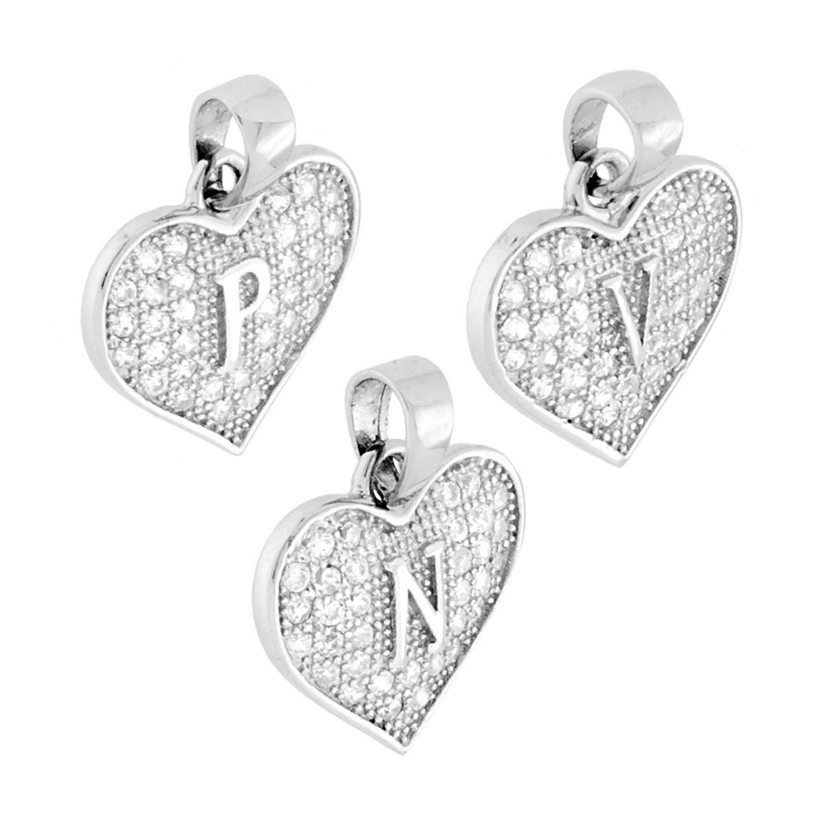 Ciondolo Lettera Iniziale Nome Cuore 14 mm con Zirconi Bianchi in ARGENTO 925 Galvanica Rodio