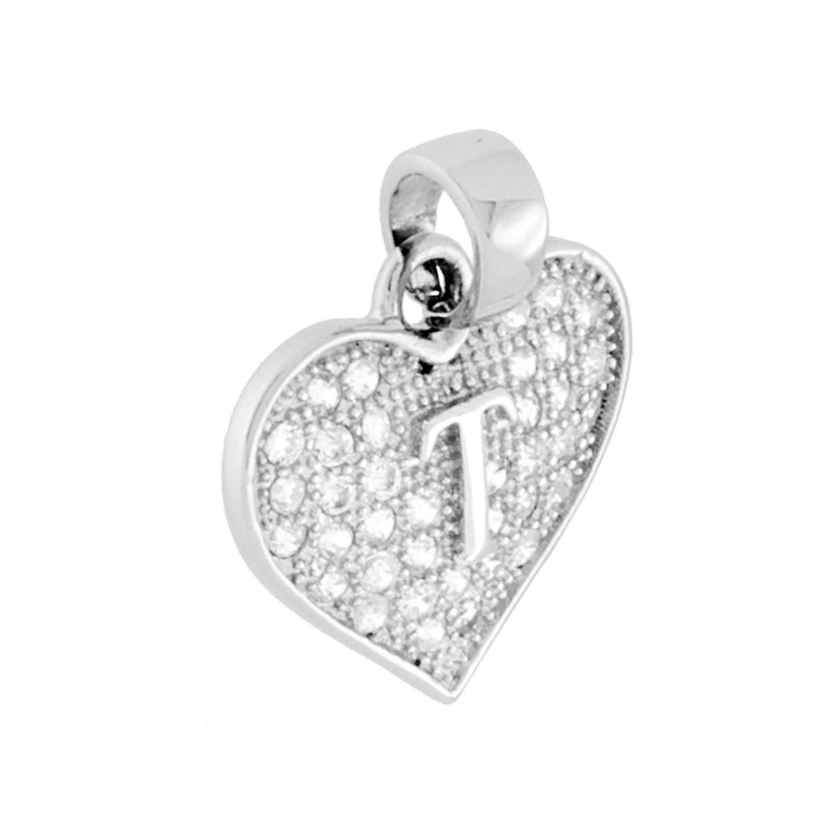 Ciondolo Lettera Iniziale Nome Cuore 14 mm con Zirconi Bianchi in ARGENTO 925 Galvanica Rodio
