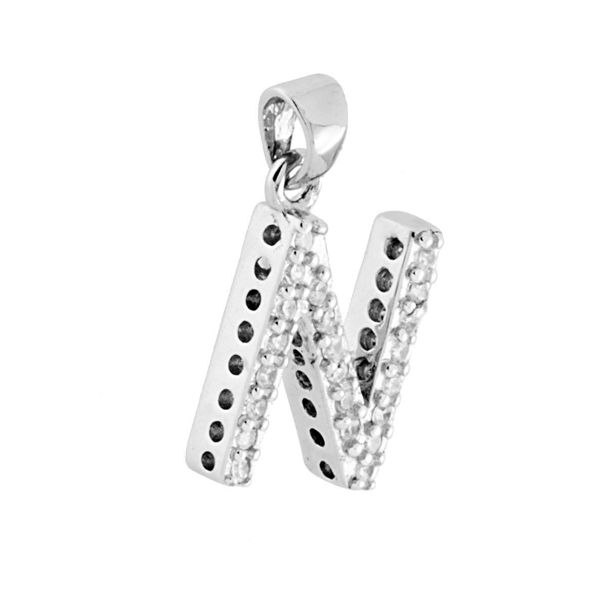 Ciondolo Lettera Nome Iniziale con Zirconi Bianchi in ARGENTO 925 Galvanica Rodio