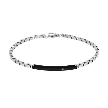 Bracciale Catena con Targa Nera e Crystal Bianco in ACCIAIO