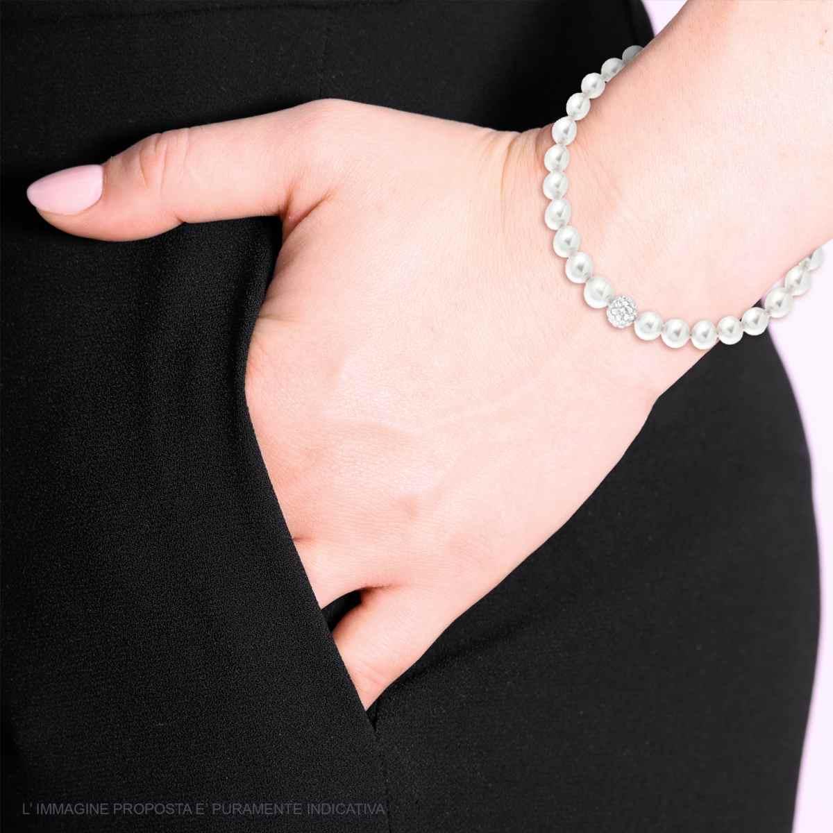 Bracciale Filo Perla Bianca mm 6 in vetro perlato con pallina Crystal Bianco con filo e chiusura in ARGENTO 925 Galvanica Rodio