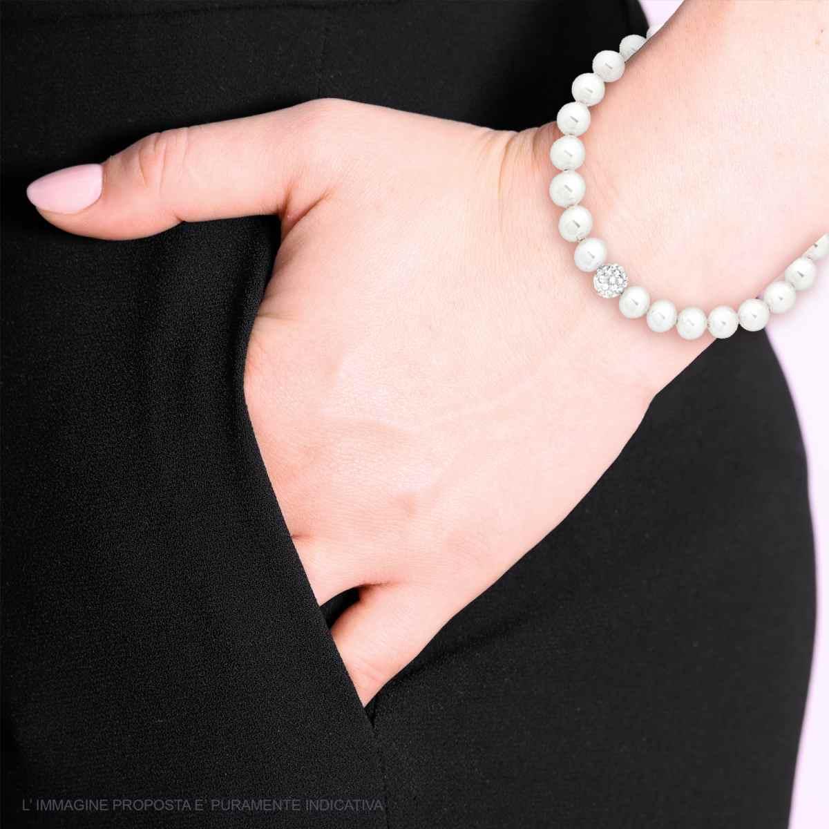 Bracciale Filo Perla Bianca mm 8 in vetro perlato con pallina Crystal Bianco con filo e chiusura in ARGENTO 925 Galvanica Rodio
