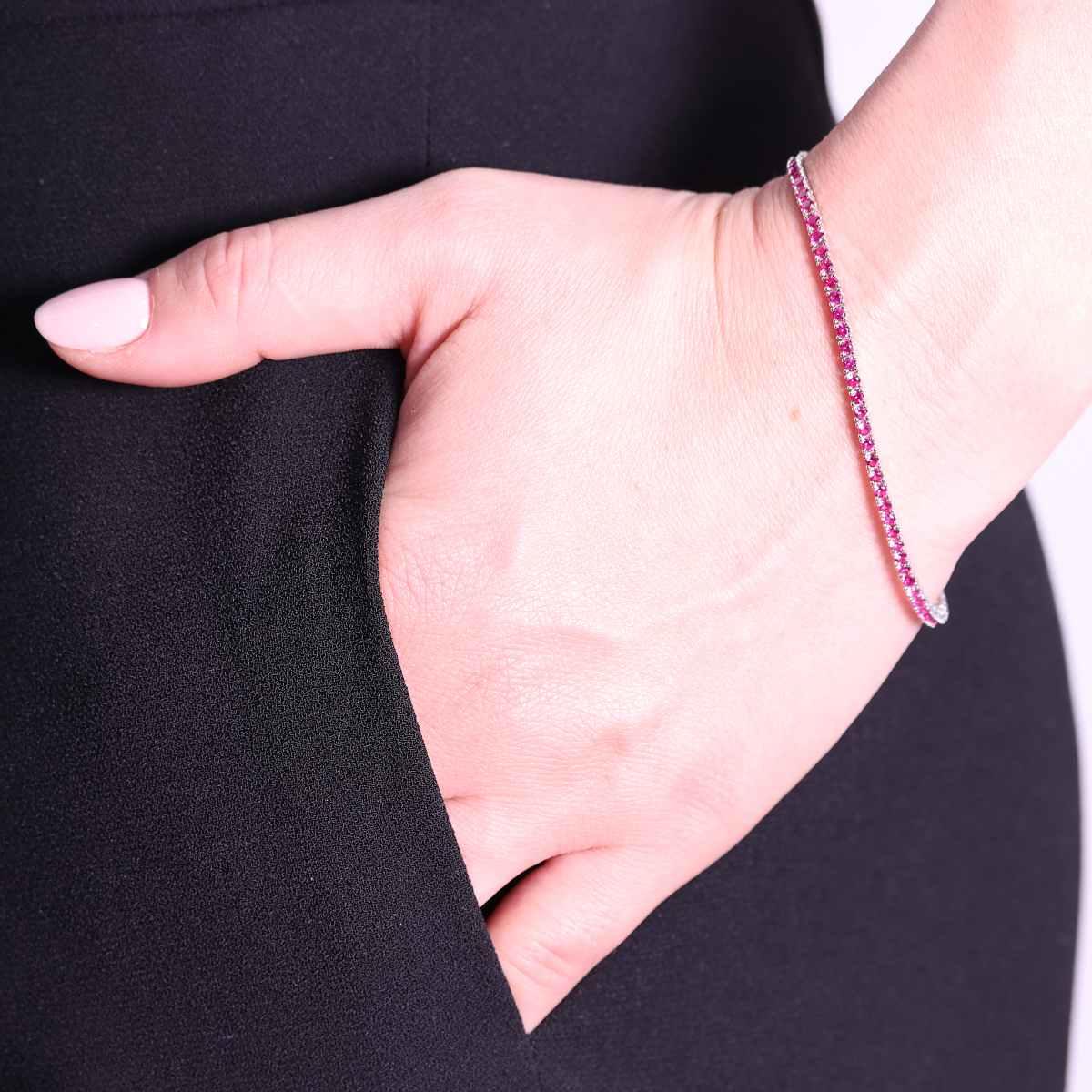 Bracciale Tennis Griffe cm 18 con Zirconi mm 2 Rosso Rubino in ARGENTO 925 Galvanica Rodio