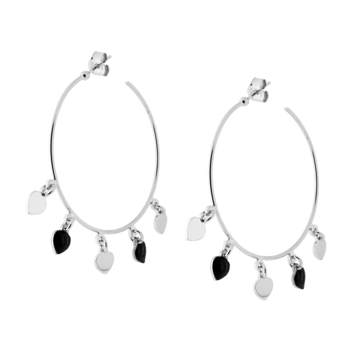 Orecchini a Cerchio con Cuori smalto Nero in ARGENTO 925 Galvanica Rodio