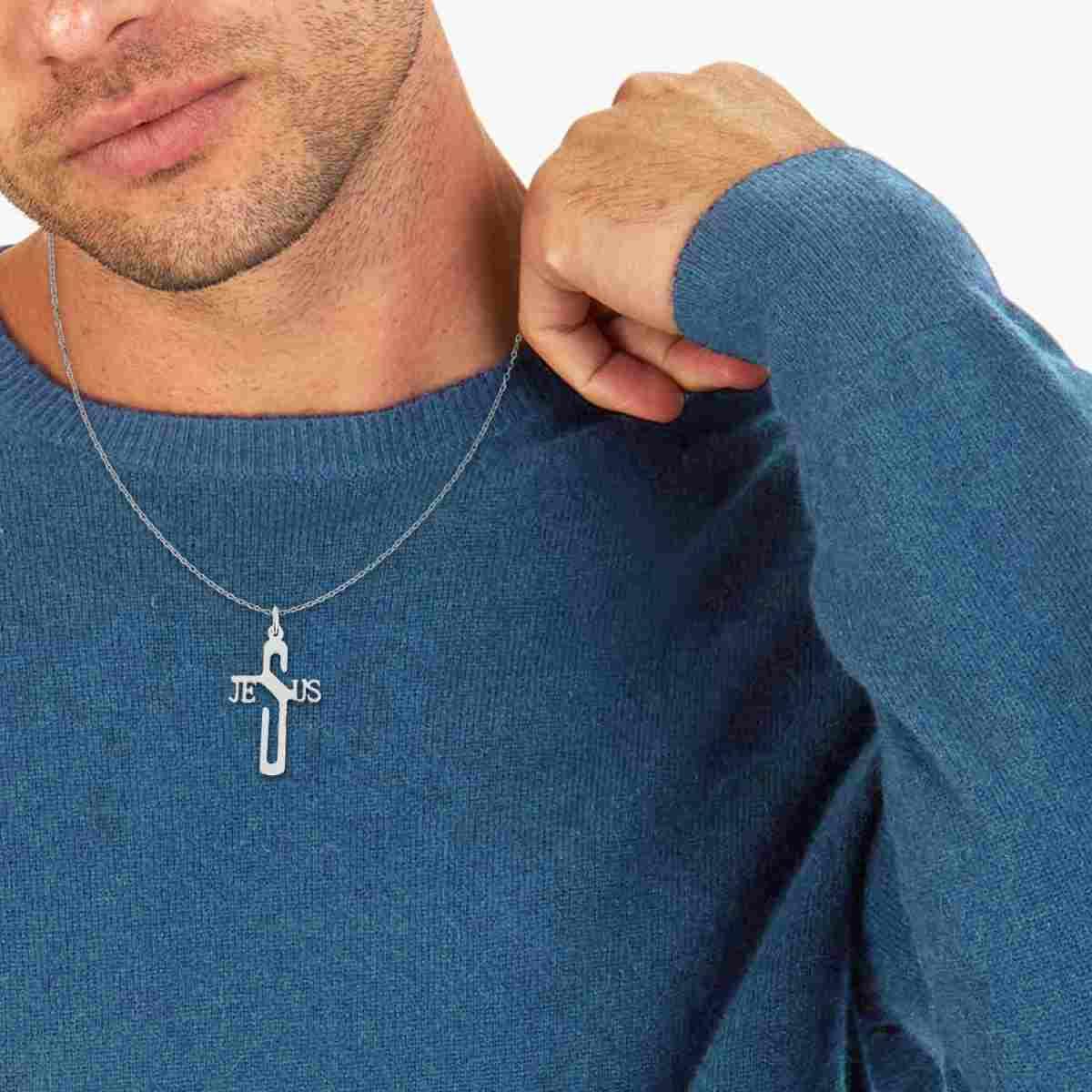 Collana Catena Forzatina con Croce con Scritta Jesus in ACCIAIO