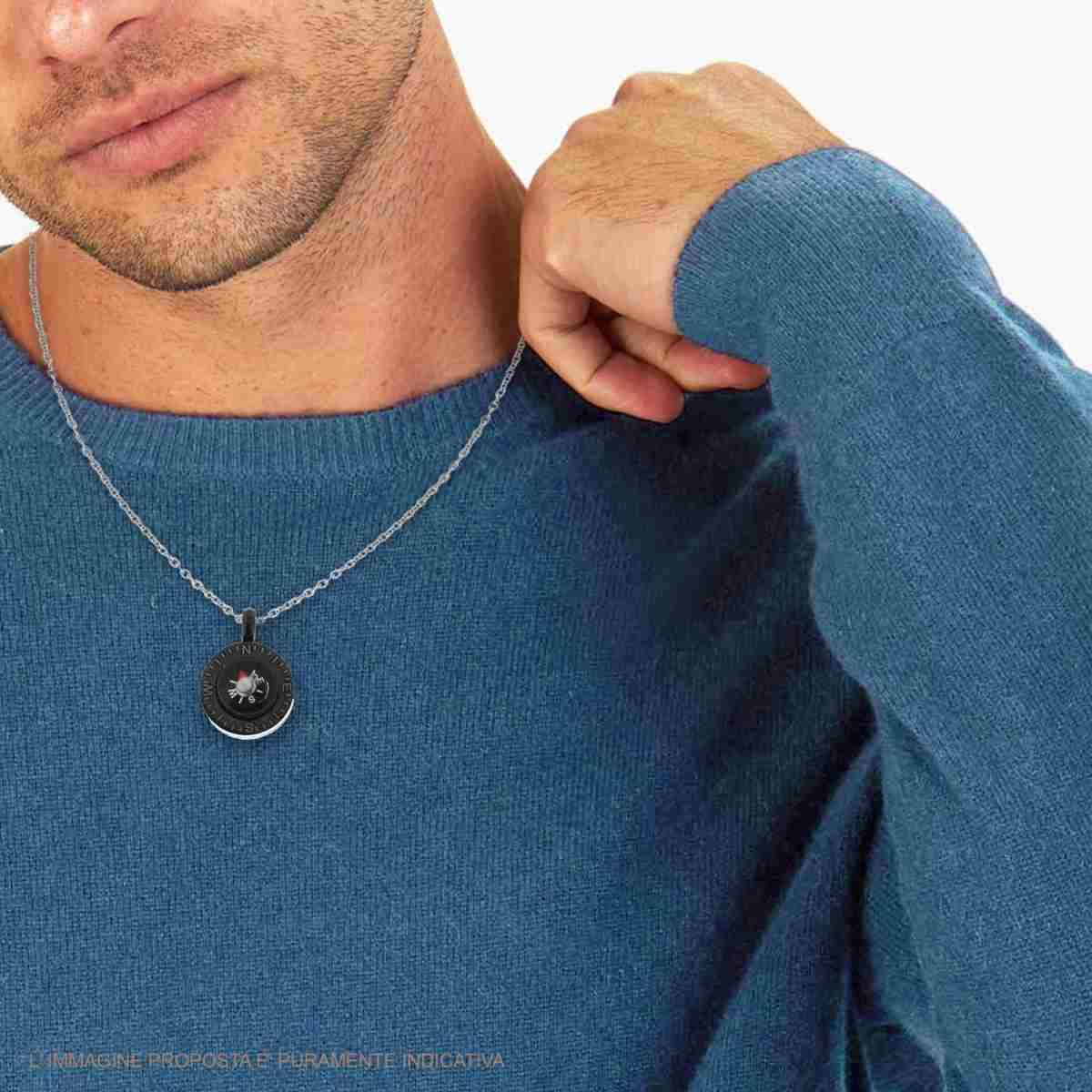 Collana con pendente Tondo Nero con accessorio Bussola in ACCIAIO