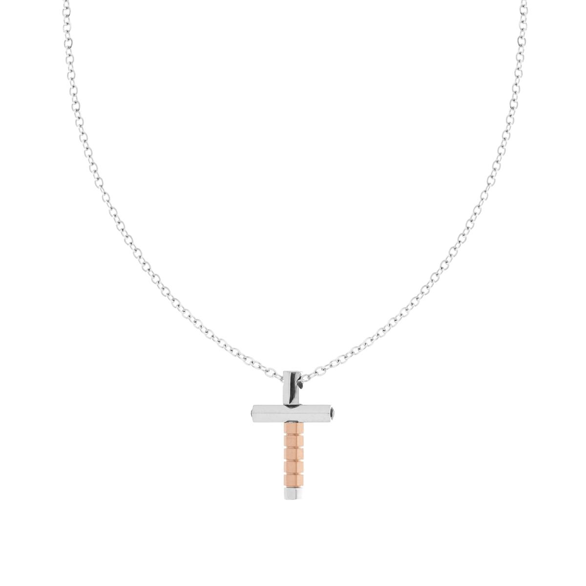 Collana Catena Forzatina con Croce Rosa in ACCIAIO