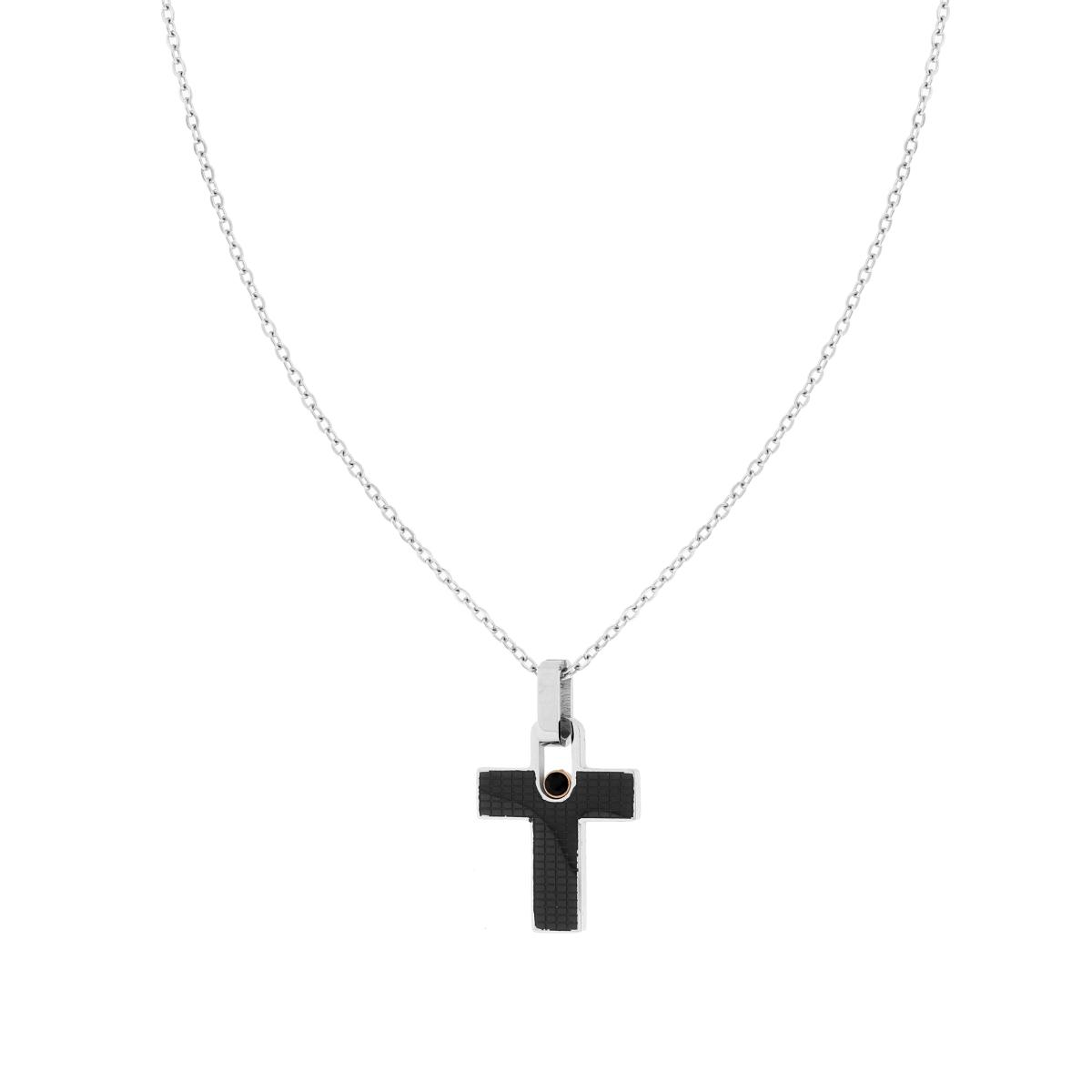 Collana Catena Forzatina con Croce Inserto Ceramica Nera Quadrettata e Crystal Nero in ACCIAIO