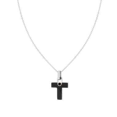 Collana Catena Forzatina con Croce Inserto Ceramica Nera Quadrettata e Crystal Nero in ACCIAIO