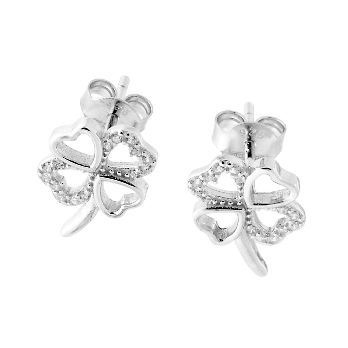 Orecchini a forma di Quadrifoglio con Zirconi Bianchi in ARGENTO 925 Galvanica Rodio