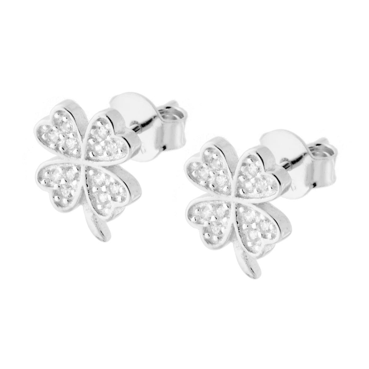 Orecchini a forma di Quadrifoglio con Zirconi Bianchi in ARGENTO 925 Galvanica Rodio
