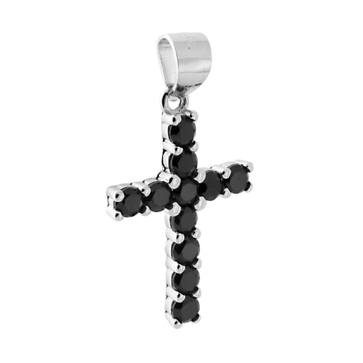 Ciondolo Croce Latina con Zirconi neri in ARGENTO 925 Galvanica Rodio