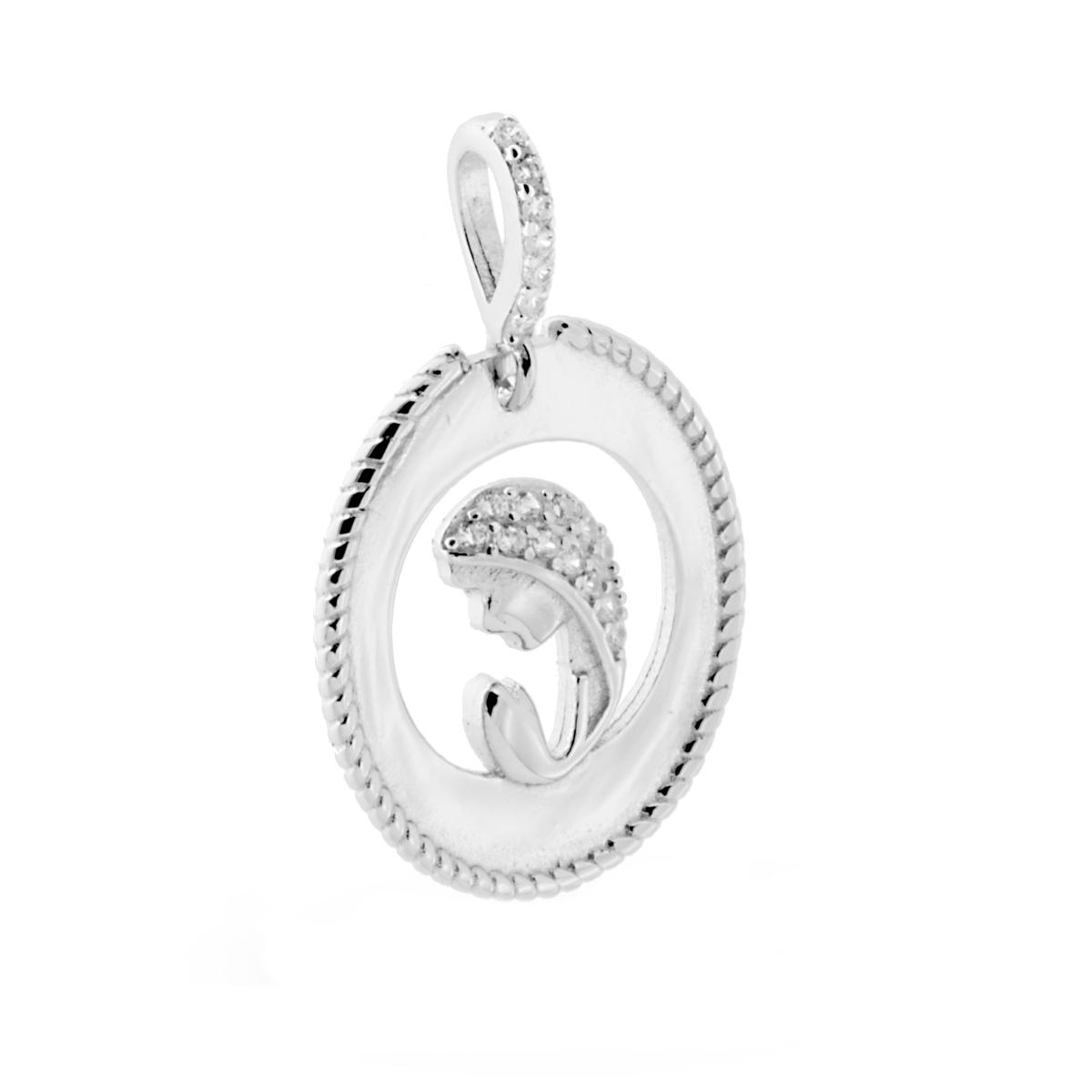 Ciondolo Medaglia Ovale con Madonna e Zirconi in ARGENTO 925 Galvanica Rodio