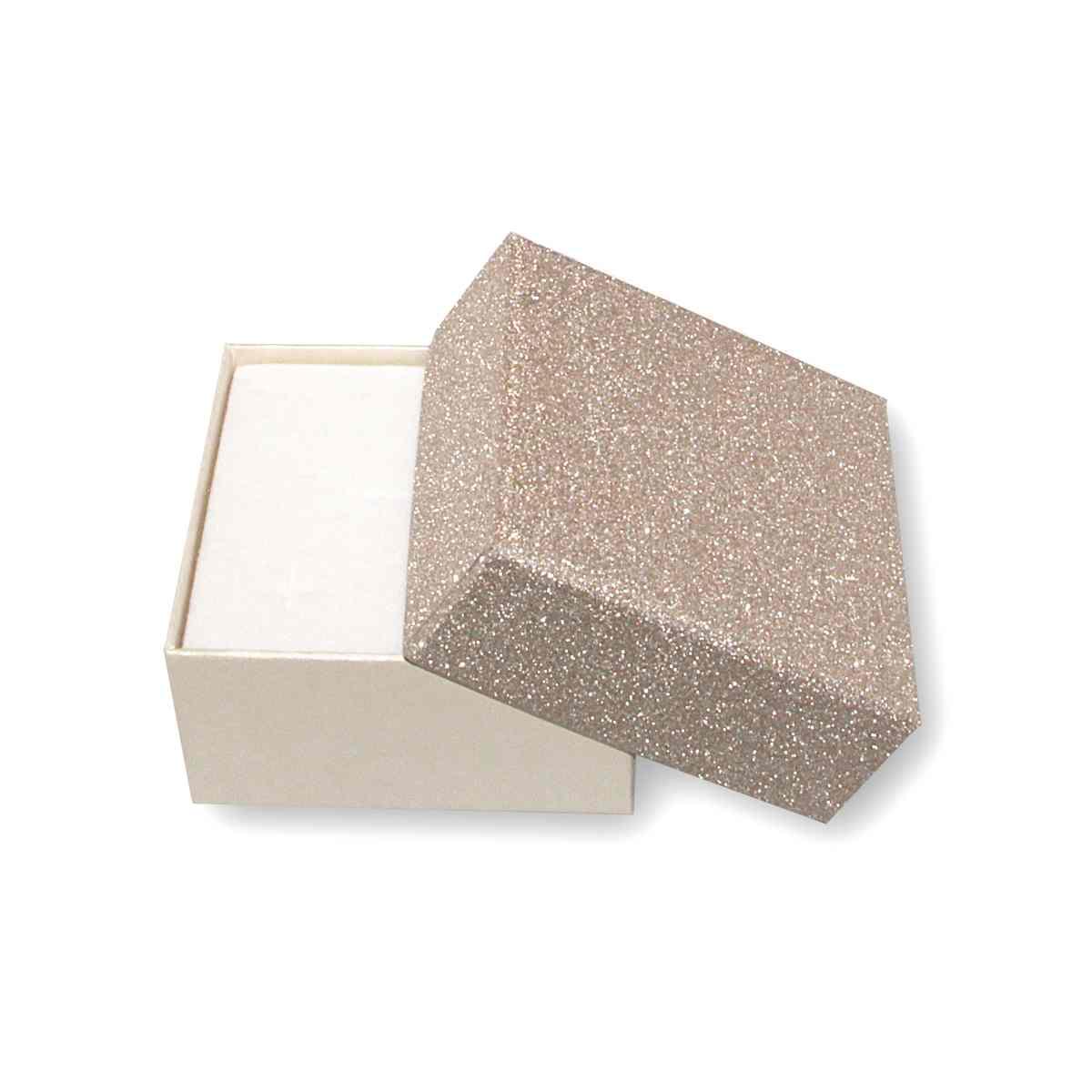 Astuccio multiuso per Gioielli cm 7,2 x 7,2 X H 3,9 colore Beige e Oro Glitter con nastro Raso Marrone con Shopper inclusa