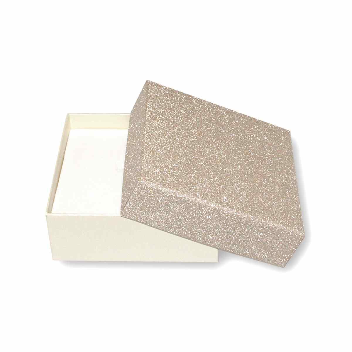 Astuccio multiuso per Gioielli cm 9,7 x 9,7 X h 3,9 colore Beige e Oro Glitter con nastro Raso Marrone con Shopper inclusa