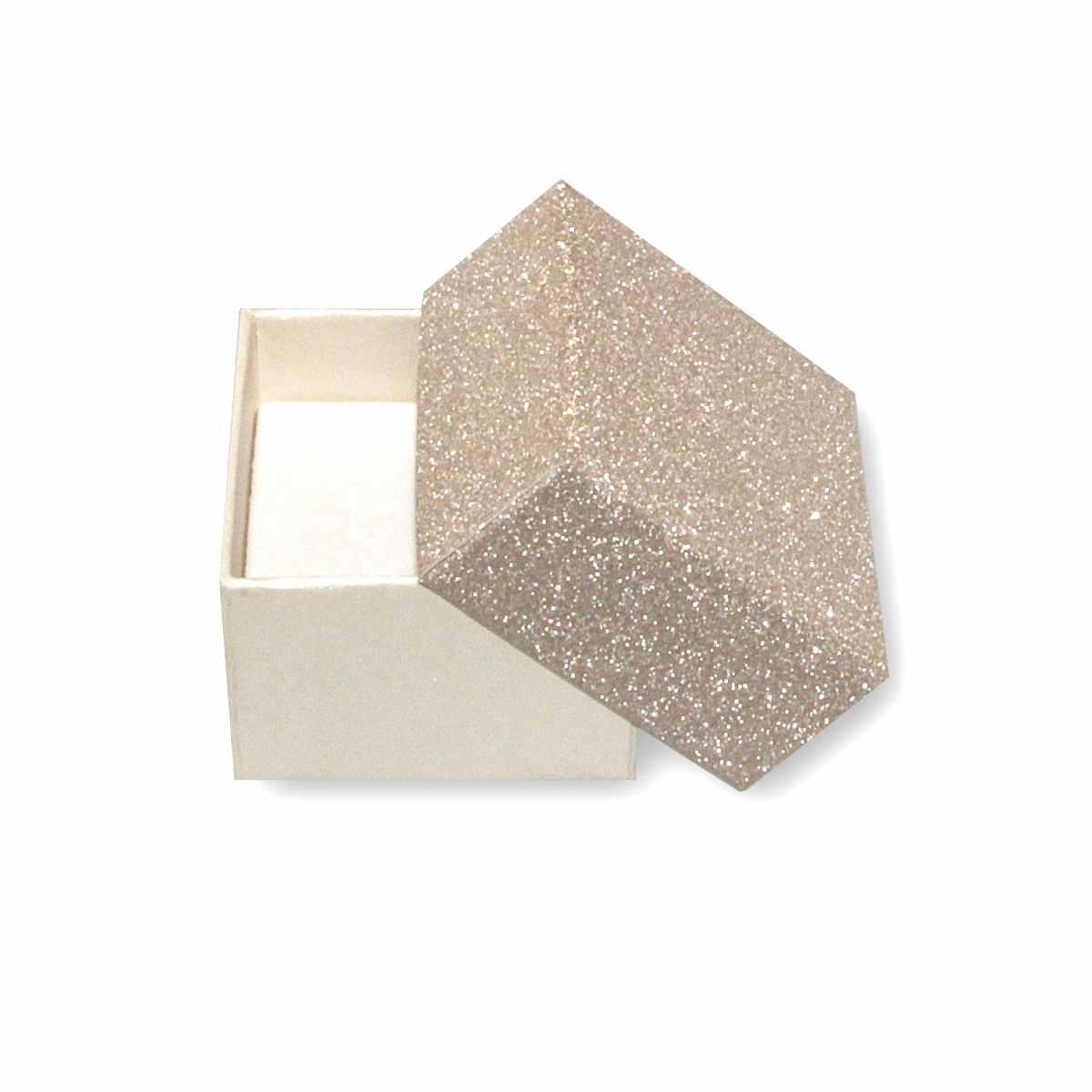 Astuccio multiuso per Gioielli cm 5,6 x 5,6 x h 3,9  colore Beige e Oro Glitter con nastro Raso Marrone con Shopper inclusa