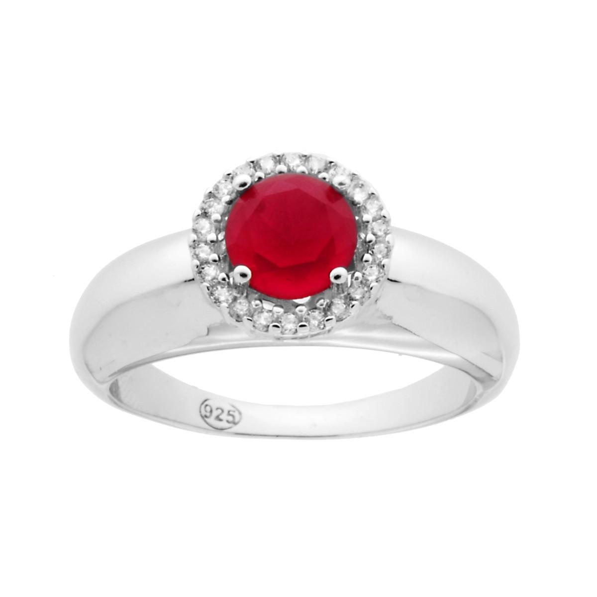 Anello Solitario Zircone Tondo Rosso Rubino contornato con Cubic Zirconia Bianchi in ARGENTO 925 Galvanica Rodio