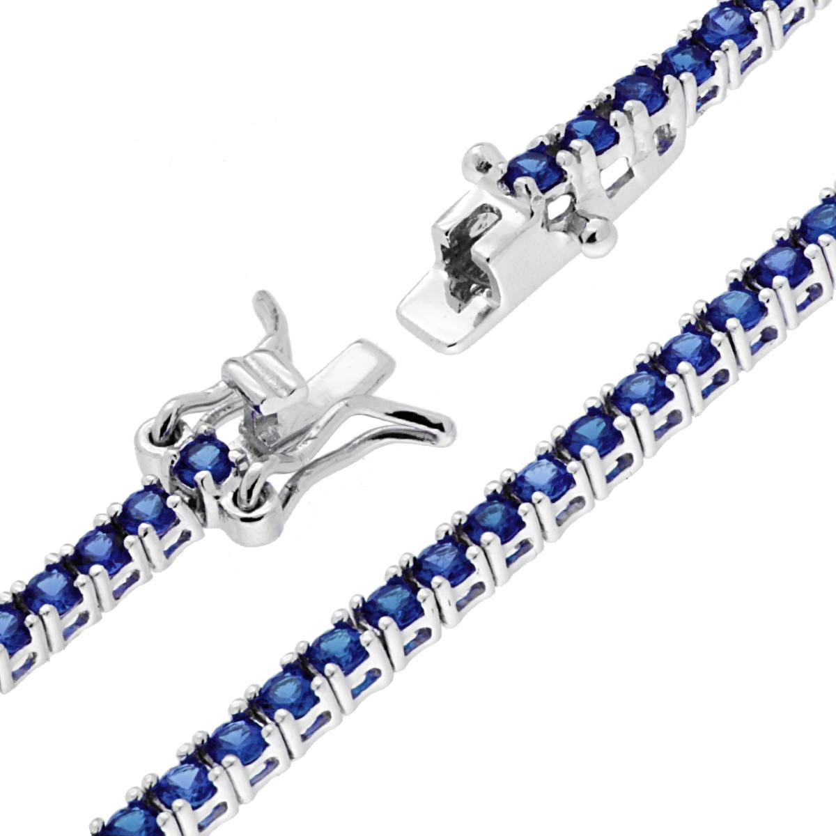 Bracciale Tennis Griffe cm 21 con Zirconi mm 2 Blu Zaffiro in ARGENTO 925 Galvanica Rodio