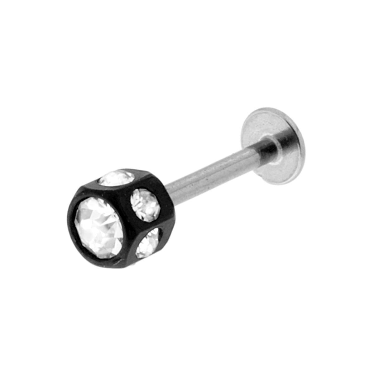 Body Piercing Labret mm 14 con Esagono Nero mm 4 e Crystal Bianchi in ACCIAIO Chirurgico