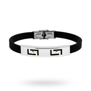 Bracciale in pvc nero e Targa con disegno geometrico e punti Oro in ACCIAIO