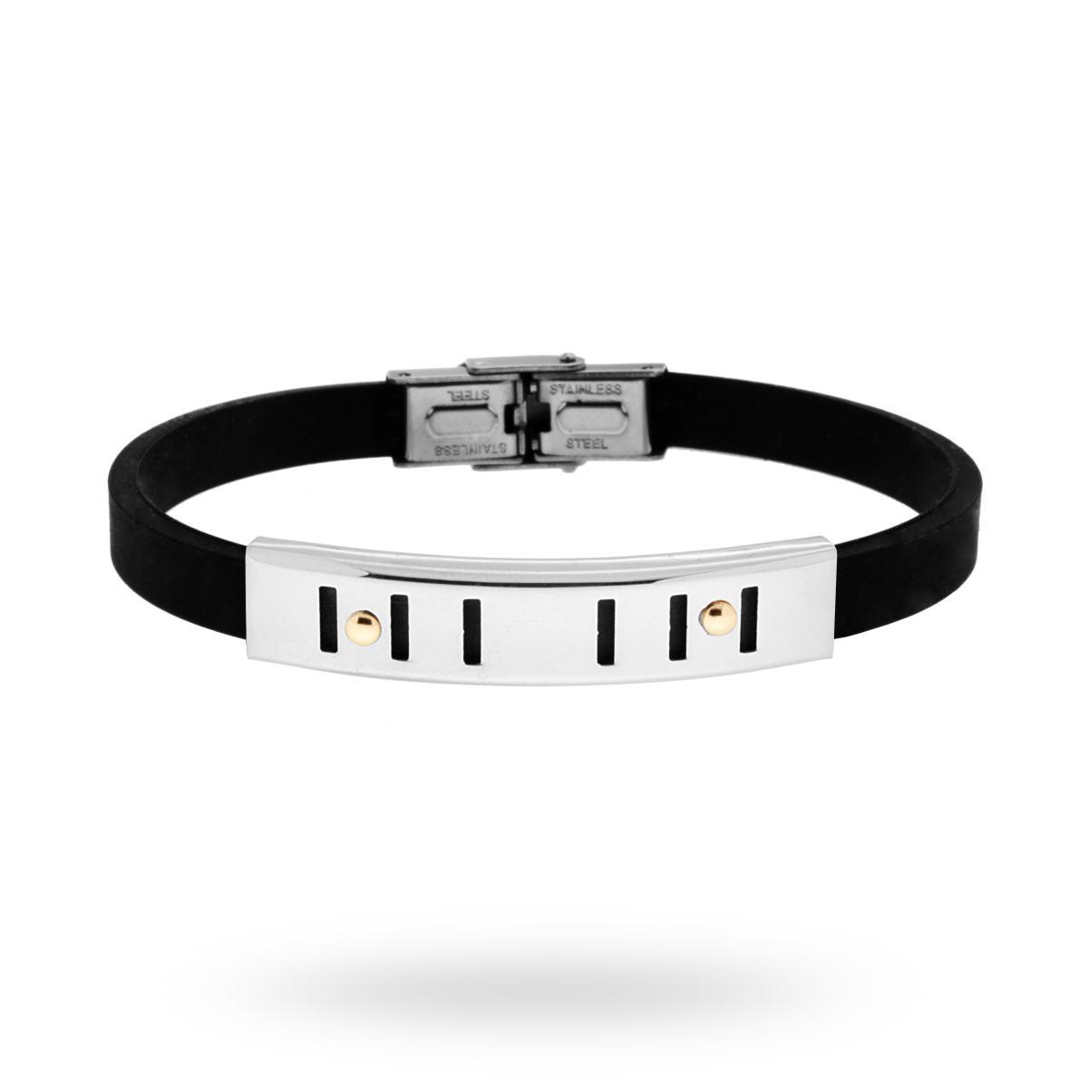 Bracciale in pvc nero e Targa con disegno geometrico e punti Oro in ACCIAIO