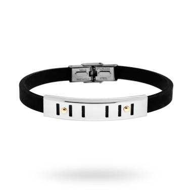 Bracciale in pvc nero e Targa con disegno geometrico e punti Oro in ACCIAIO