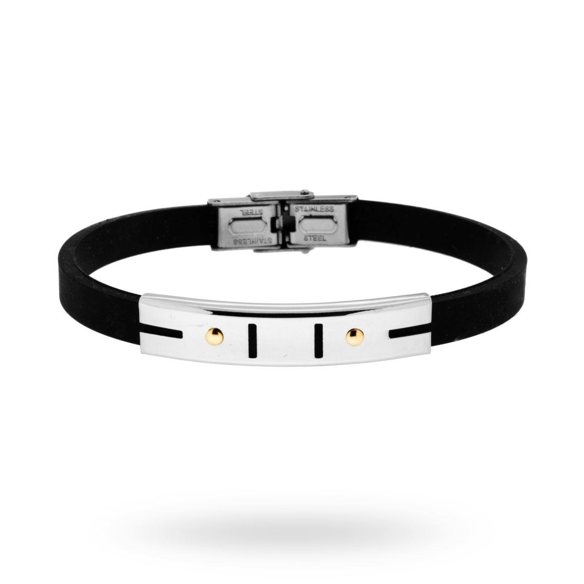 Bracciale in pvc nero e Targa con disegno geometrico e punti Oro in ACCIAIO