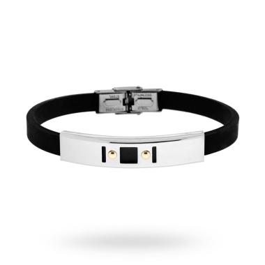 Bracciale in pvc nero e Targa con disegno geometrico e punti Oro in ACCIAIO