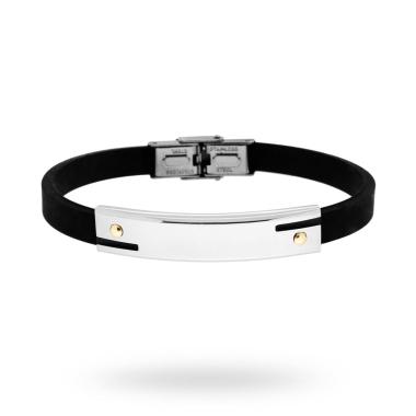 Bracciale in pvc nero e Targa con disegno geometrico e punti Oro in ACCIAIO